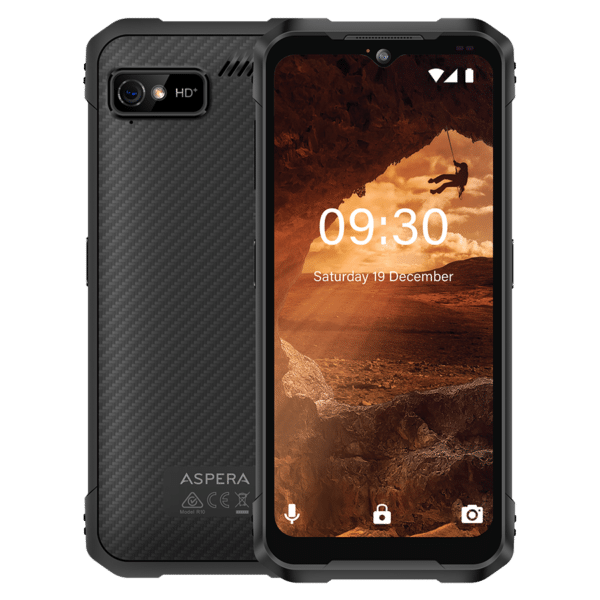 Aspera R10 rugged smartphone front and rear view